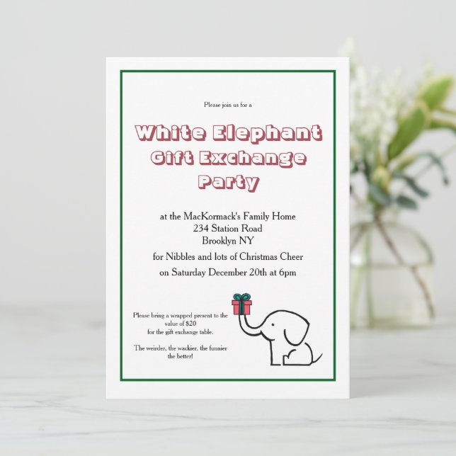 Convite Intercâmbio de Presentes Elefante Branco Festa de  (Em pé/Frente)