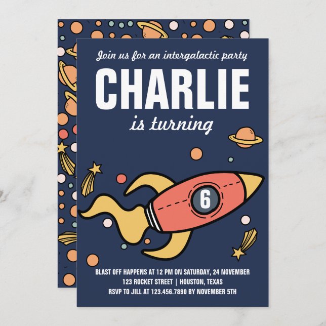 Convite Intergaláctico/Convite de aniversário de foguetes (Frente/Verso)