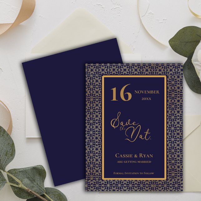 Convite Intrate Design Azul Dourado Casamento Guarde a Dat (Intricate Design Blue Gold Wedding Save the Date Invitation)