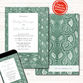 Convite Intricate Leaf Frame on Green Wedding Invitation