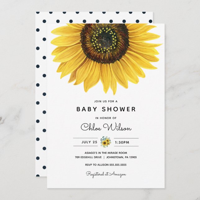 Convite Invasão de Chá de fraldas de girassol com aquarela (Frente/Verso)