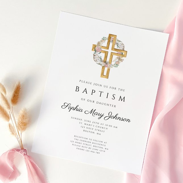 Convite Invasão do batismo Floral Elegante (Elegant Floral Wreath Cross Baptism Invitation)