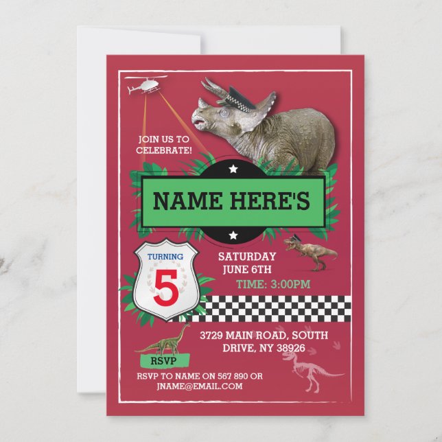 Convite Invasões Azuis T-Rex Da Polícia Vermelha Do Dinoss (Frente)