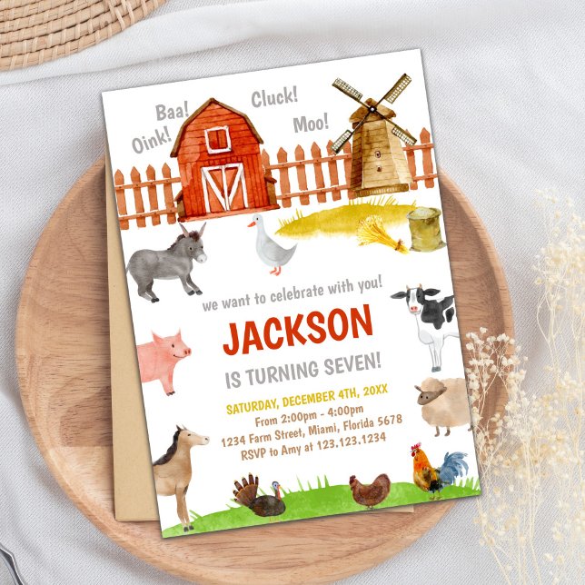 Convite Invasores de Aniversário para Animais Vermelhos Ca (Brown Red Farm Animals Birthday Invitations)