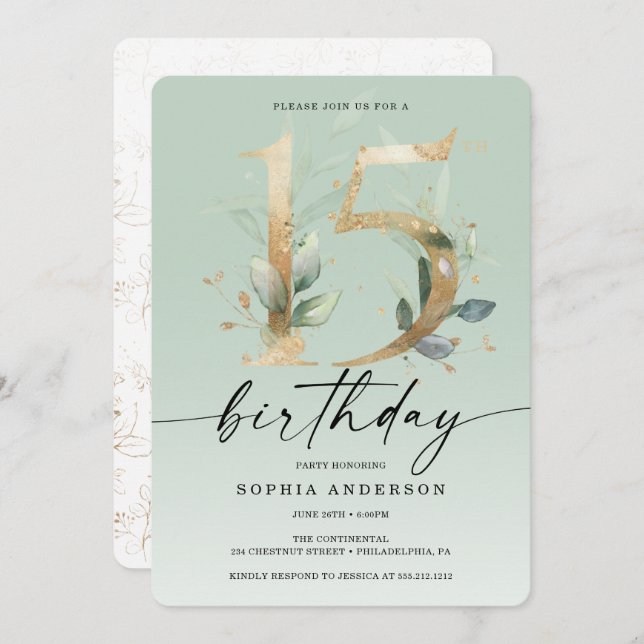 Convite Invento de Festa de aniversário Dourada de 15 verd (Frente/Verso)