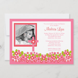 Convite Invento Floral Cross Baby Girl Foto Baptism