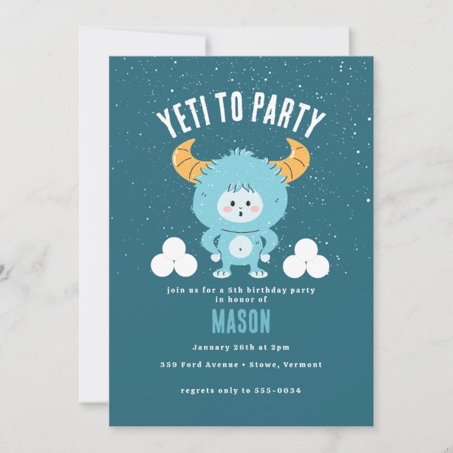 Convite Inverno Aniversário Blue Boy Snow "Yeti to Party" (Frente)