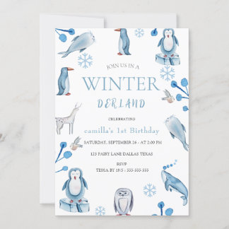 Convite Inverno Aquarela primeiro aniversario De Animais Á