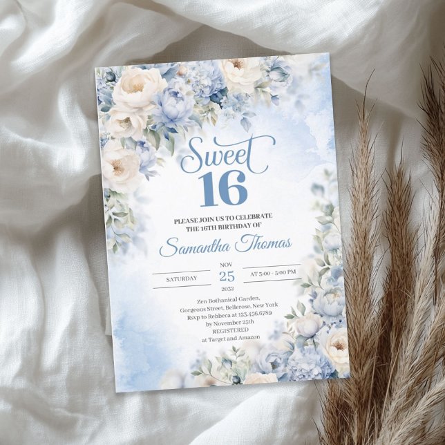 Convite Inverno Azul e Flores de Marfim Doce 16 (Winter Dusty Blue and Ivory Flowers Sweet 16 Invitation)
