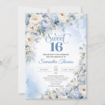 Convite Inverno Azul e Flores de Marfim Doce 16<br><div class="desc">Boho Elegante Winter Dusty Blue e Ivory Flowers doce 16 convites, Esta maravilhosa moda design azul-floral de boho exibia cor d'água pintada manualmente azul-poeirento hydrangea azul-poeirento misturado flores azuis-claras e rosas-creme, e flores brancas e a combinação de fontes modernas de caligrafia. Т sua irresistível sinfonia colorida é elegantemente colocada sobre...</div>