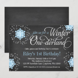 Convite Inverno azul Onederland do quadro dos flocos de