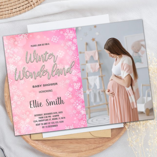 Convite Inverno Bebê convoca Foto Rosa de Neve (Winter Baby Shower Invitations Pink Snow Photo)