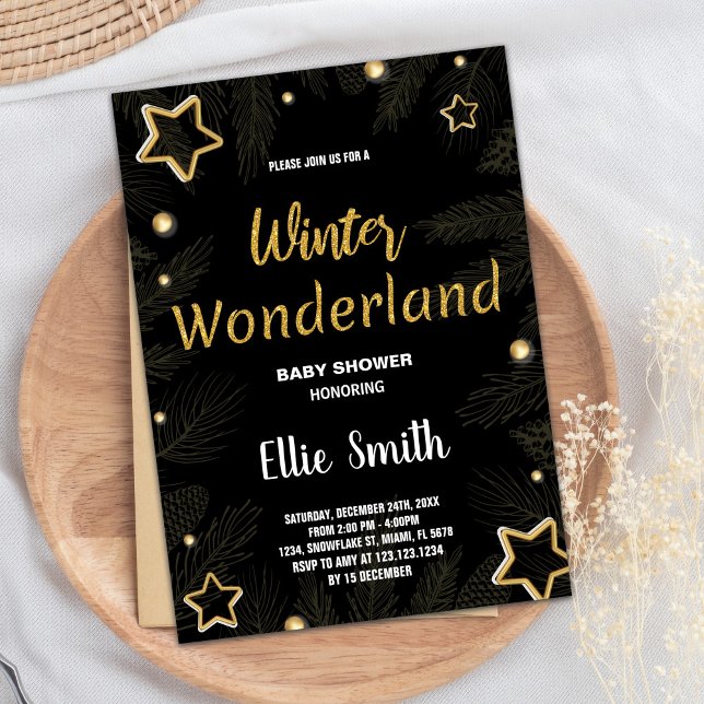 Convite Inverno Bebê Invasores Ouro Estrela Preta (Winter Baby Shower Invitations Golden Star Black)