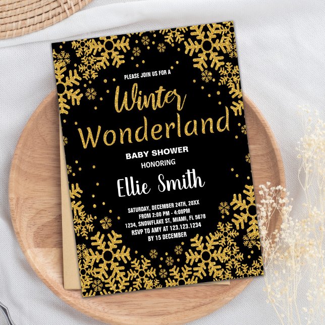 Convite Inverno Bebê Invasores Ouro Preto (Winter Baby Shower Invitations Golden Black)