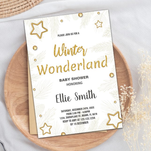 Convite Inverno Bebê Invasores Ouro Star (Winter Baby Shower Invitations Golden Star)