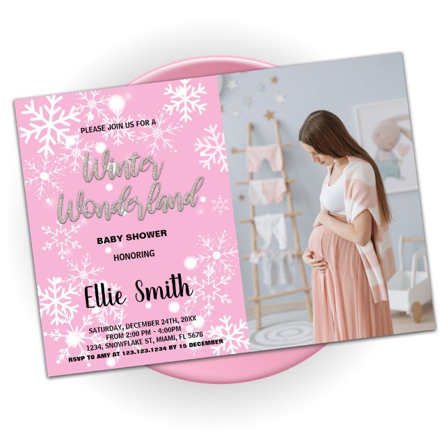 Convite Inverno Bebê Invita Foto Rosa (Winter Baby Shower Invitations Pink Photo)