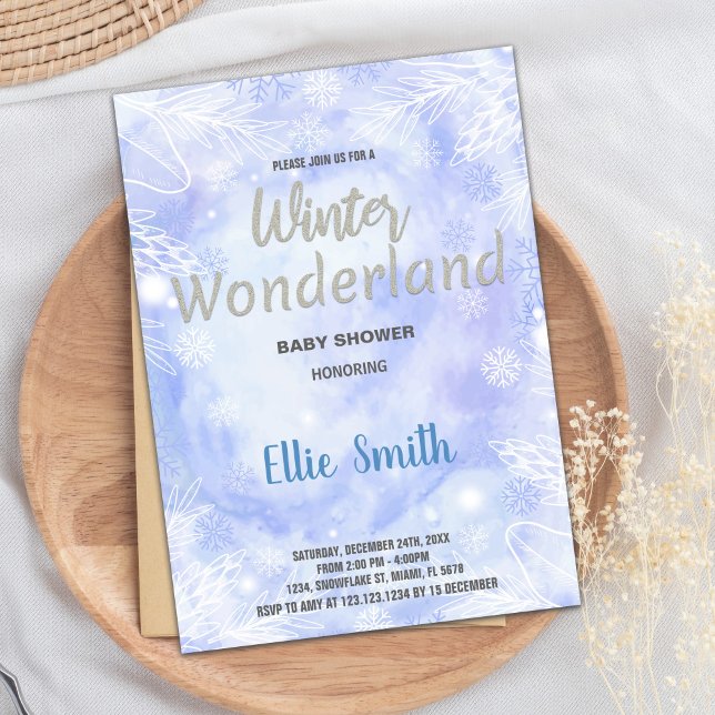 Convite Inverno Bebê Invoca Flor Azul Silver (Winter Baby Shower Invitations Blue Glitter Silver)