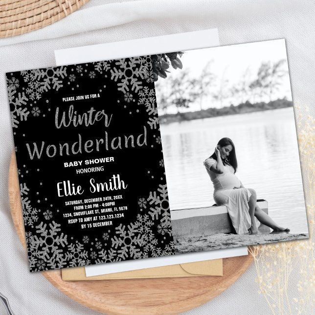 Convite Inverno Bebê Invoca Foto Prata Negra (Winter Baby Shower Invitations Black Silver Photo)