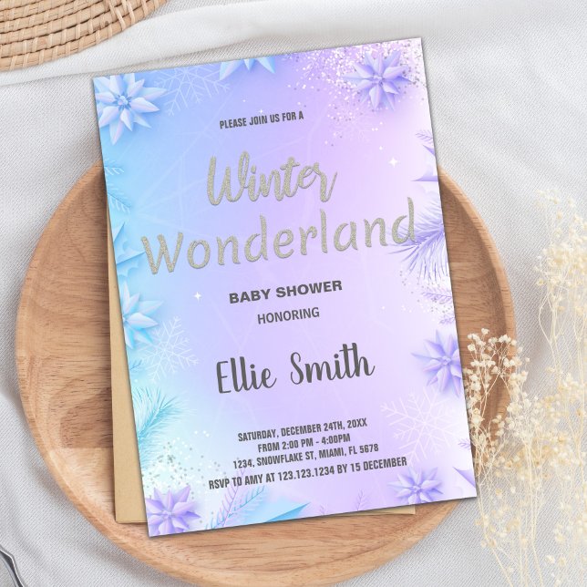 Convite Inverno Bebê Invoca Lágrima Roxa (Winter Baby Shower Invitations Purple Glitter)