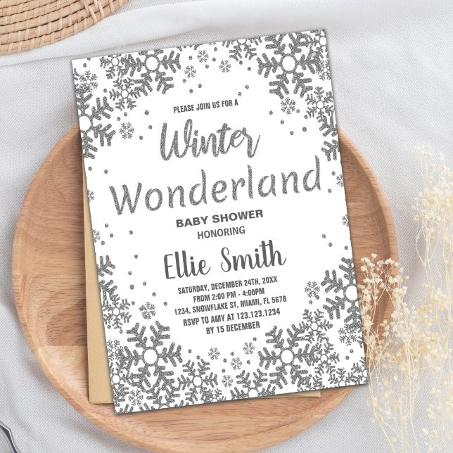 Convite Inverno Bebê Invoca Lata de Prata (Winter Baby Shower Invitations Silver Glitter)