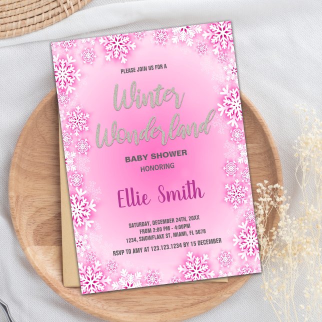 Convite Inverno Bebê Invoca Luminosidade Rosa (Winter Baby Shower Invitations Pink Snow Glitter)