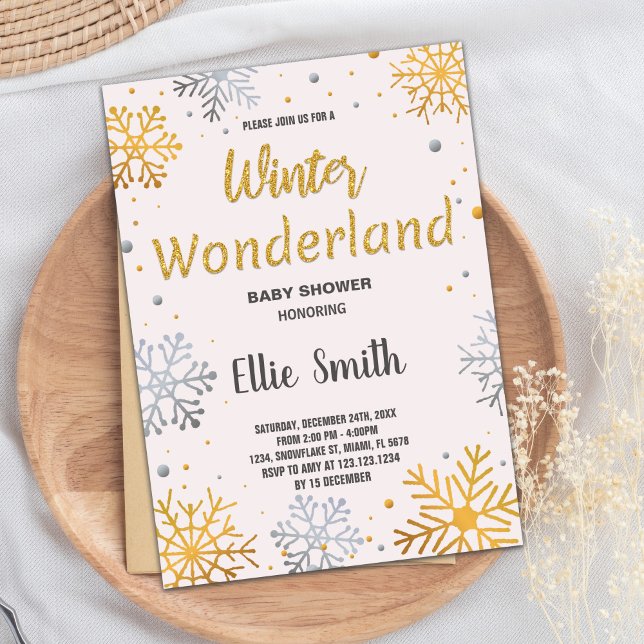 Convite Inverno Bebê Invoca Ouro Neve (Winter Baby Shower Invitations Golden Snow)