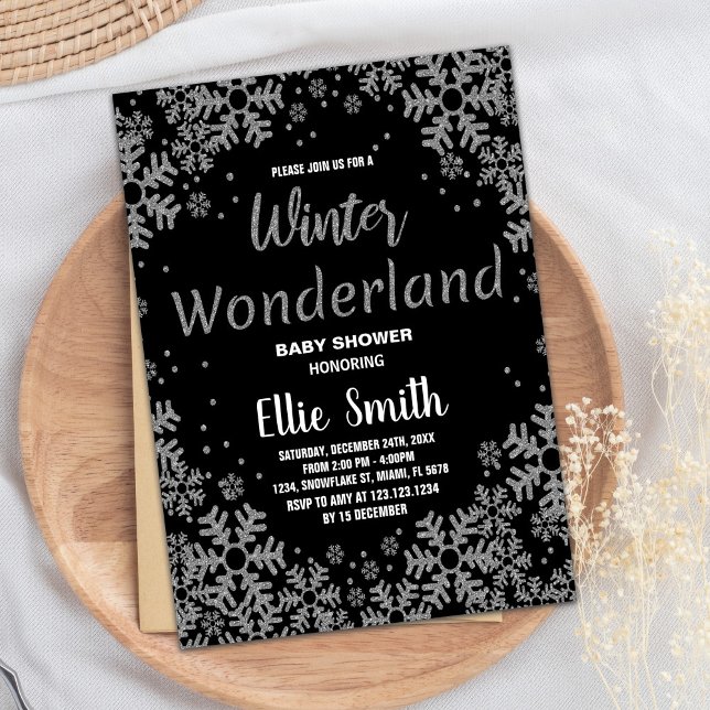 Convite Inverno Bebê Invoca Prata Negra (Winter Baby Shower Invitations Black Silver)