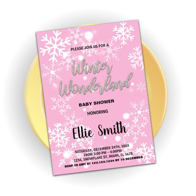Convite Inverno Bebê Invoca Prata Rosa (Winter Baby Shower Invitations Pink Silver)