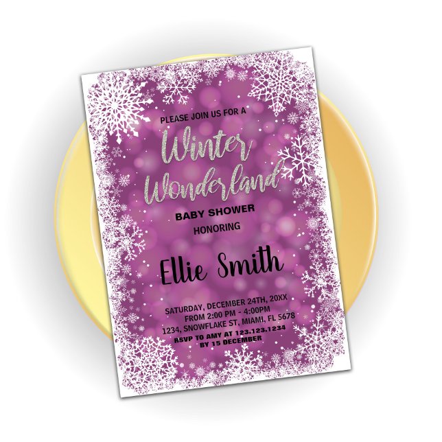 Convite Inverno Bebê Invoca Prata Roxa (Winter Baby Shower Invitations Purple Silver)
