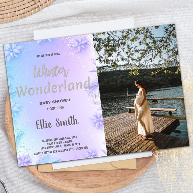 Convite Inverno Bebê Invoca Roxo com Foto (Winter Baby Shower Invitations Purple with Photo)