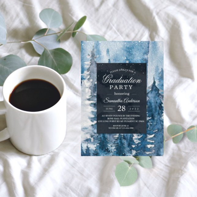 Convite Inverno da Floresta de Aquarela e Marinho Azul e B (Criador carregado)