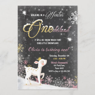 Convite Inverno de Onederland convida veado Dourado rosa