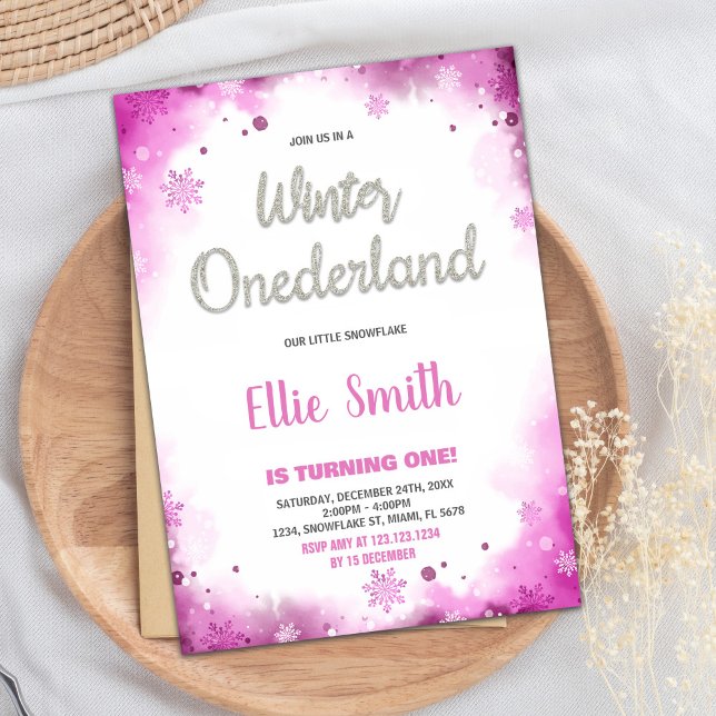 Convite Inverno de um primeiro aniversario terrestre Rosa (winter onederland 1st birthday invitations Pink)