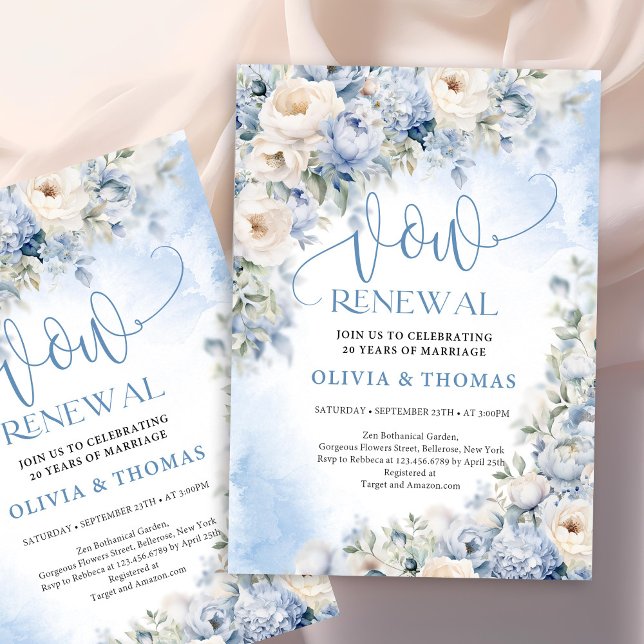 Convite Inverno Dusty Blue e Ivory Flowers renovam votos (Chic watercolor dusty blue and ivory flowers vow renewal invitation)