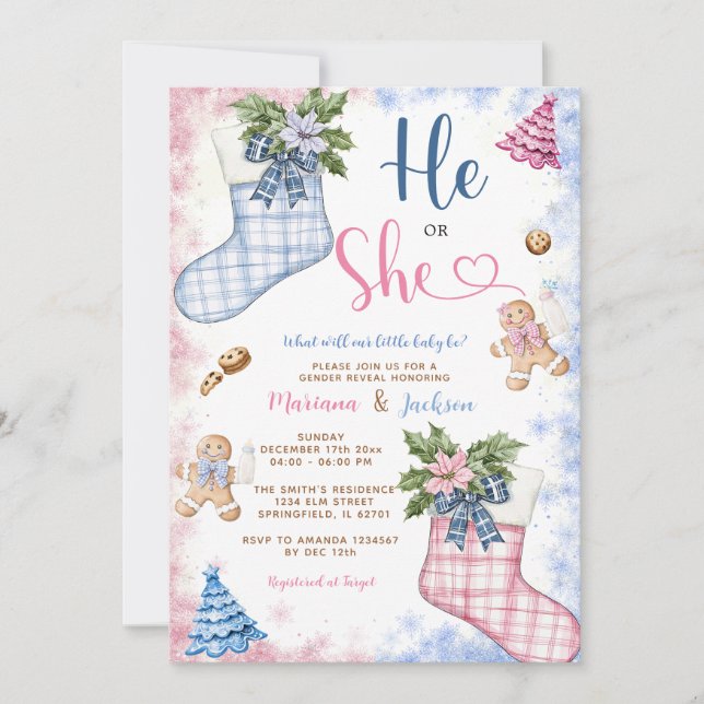 Convite Inverno Ele ou ela Papai noel Meias Cookies Revela (Frente)