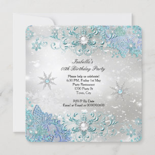 Convite Inverno Mágico Flocos de Neve Teal Prata Festa 2