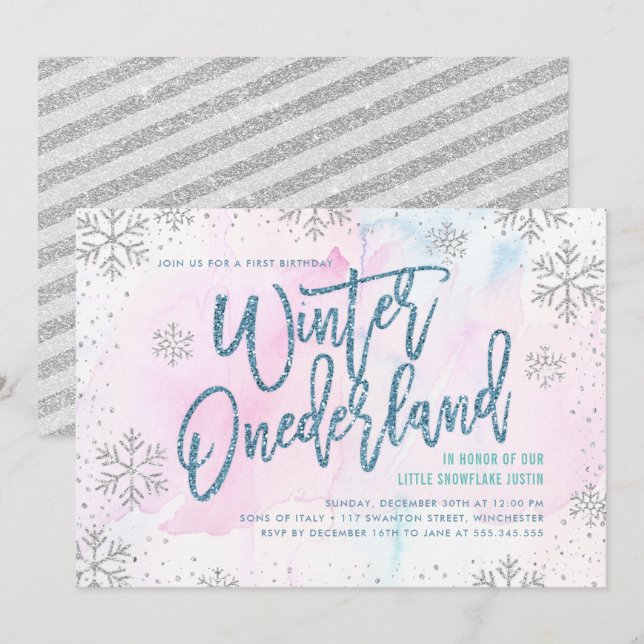 Convite Inverno ONE Derland Birthday Silver Blue Glitter (Frente/Verso)