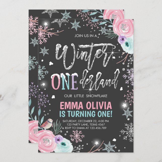 Convite Inverno One derland Pink Silver Black Primeiro Ani (Frente/Verso)