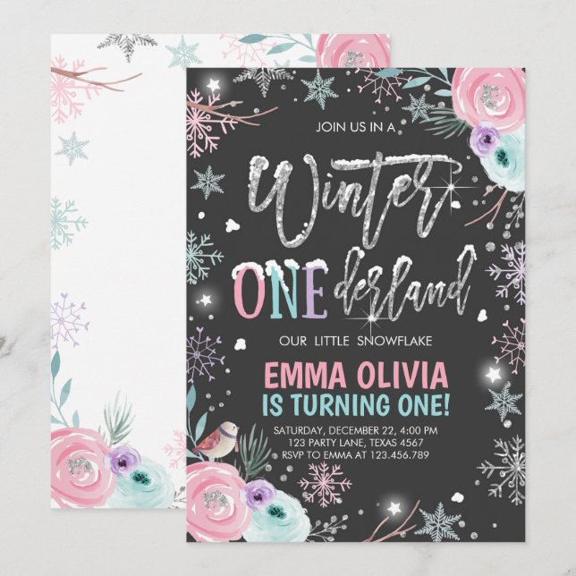 Convite Inverno One derland Pink Silver Primeiro Aniversár (Frente/Verso)