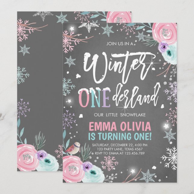 Convite Inverno One derland Pink Silver Primeiro Aniversár (Frente/Verso)