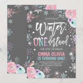 Convite Inverno One derland Pink Silver Primeiro Aniversár