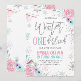 Convite Inverno One derland Pink Silver Primeiro Aniversár