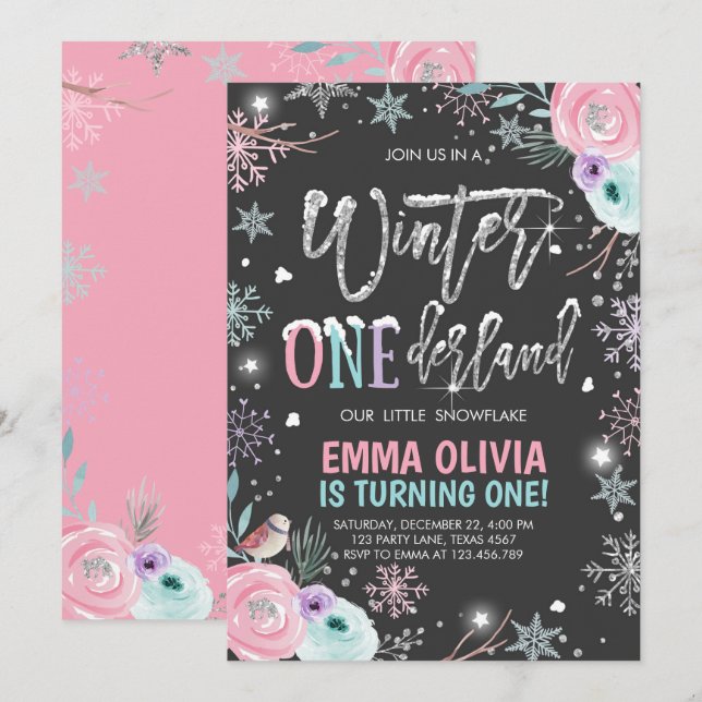 Convite Inverno One derland Pink Silver Primeiro Aniversár (Frente/Verso)