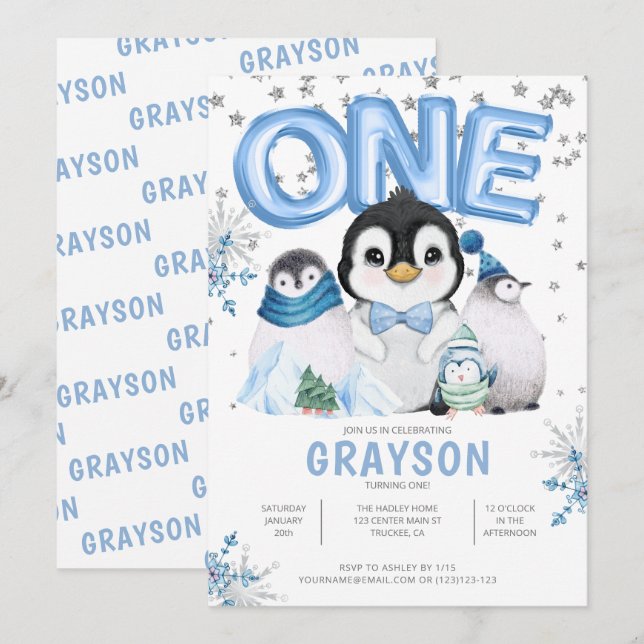 Convite Inverno Onederland 1º Aniversário Azul (Frente/Verso)