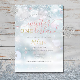 Convite Inverno Onederland 1º Aniversário Rosa e Dourado