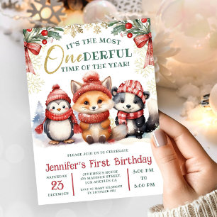 Convite Inverno Onederland Animais Fofos na Neve Aniversár