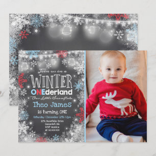 Convite Inverno OneDerland Aniversário Blue Red