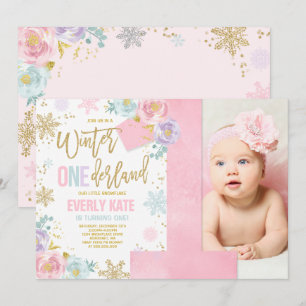 Convite Inverno OneDerland Aniversário de Pink Dourado