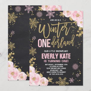 Convite Inverno OneDerland Aniversário de Pink Dourado