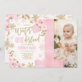 Convite Inverno OneDerland Aniversário de Pink Dourado